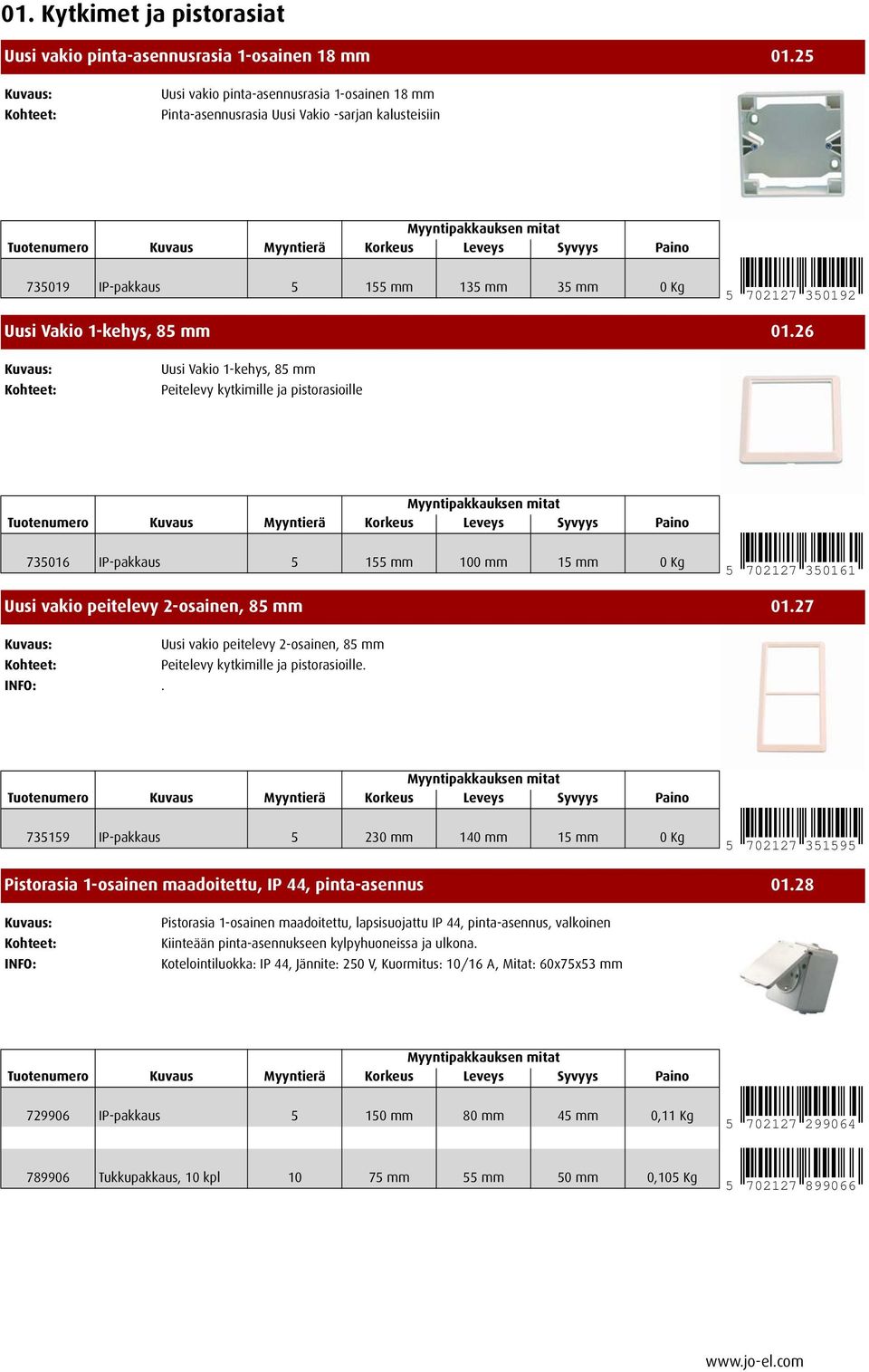 26 Uusi Vakio 1-kehys, 85 mm Peitelevy kytkimille ja pistorasioille 735016 IP-pakkaus 5 155 mm 100 mm 15 mm 0Kg 5 702127 350161 Uusi vakio peitelevy 2-osainen, 85 mm 01.