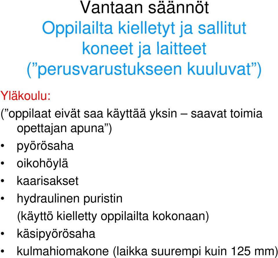 saavat toimia i opettajan apuna ) pyörösaha oikohöylä kaarisakset hydraulinen