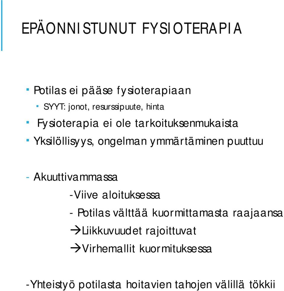 - Akuuttivammassa -Viive aloituksessa - Potilas välttää kuormittamasta raajaansa