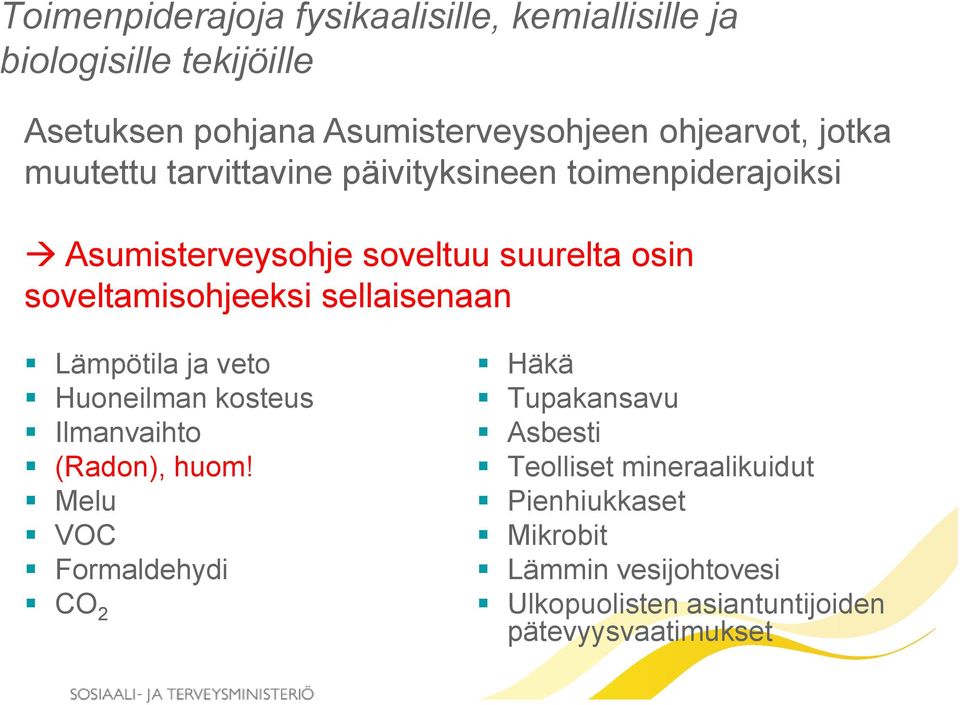 sellaisenaan Lämpötila ja veto Huoneilman kosteus Ilmanvaihto (Radon), huom!