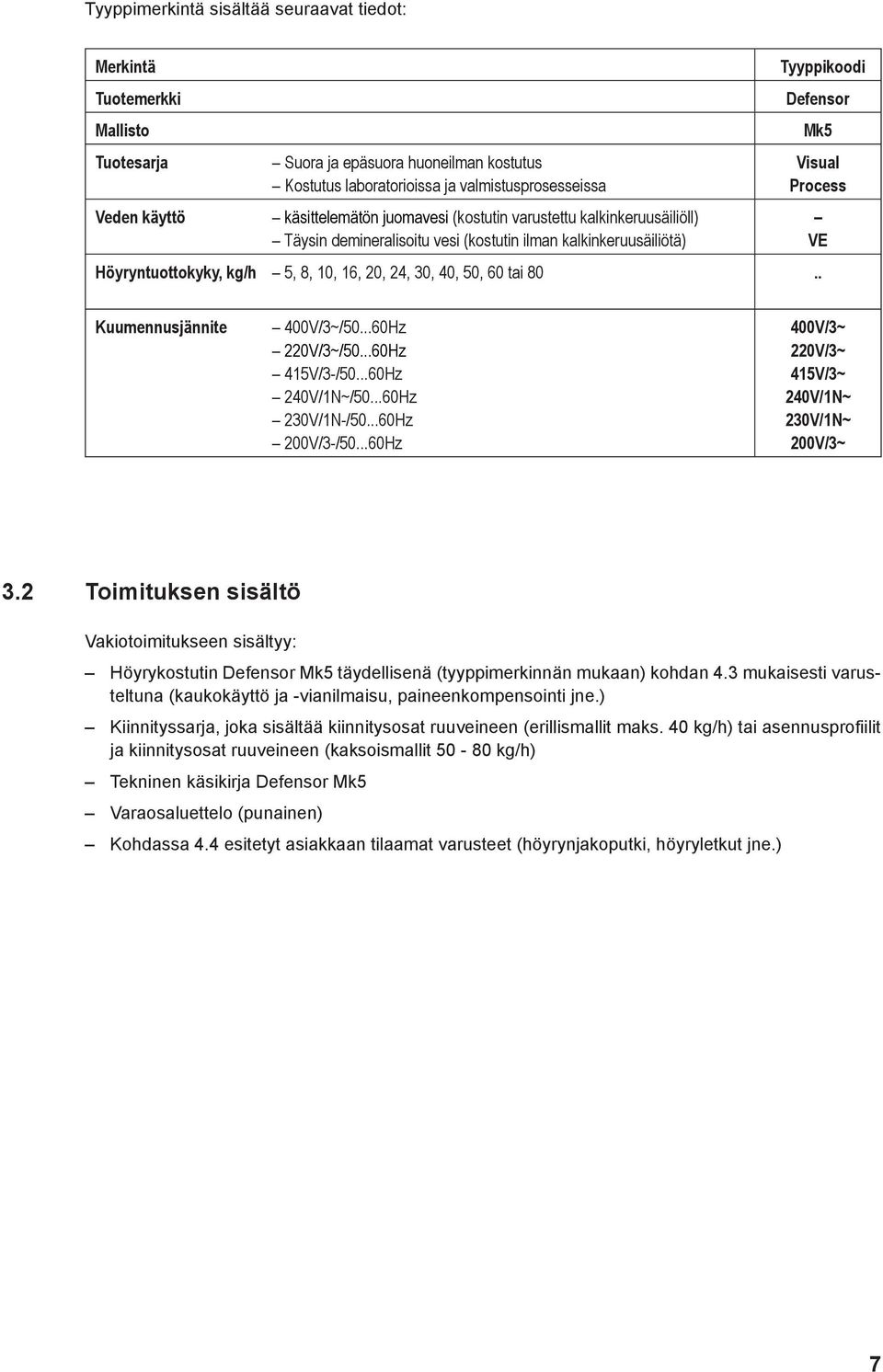 . Tyyppikoodi Defensor Mk5 Visual Process VE Kuumennusjännite 400V/3~/50...60Hz 220V/3~/50...60Hz 415V/3-/50...60Hz 240V/1N~/50...60Hz 230V/1N-/50...60Hz 200V/3-/50.