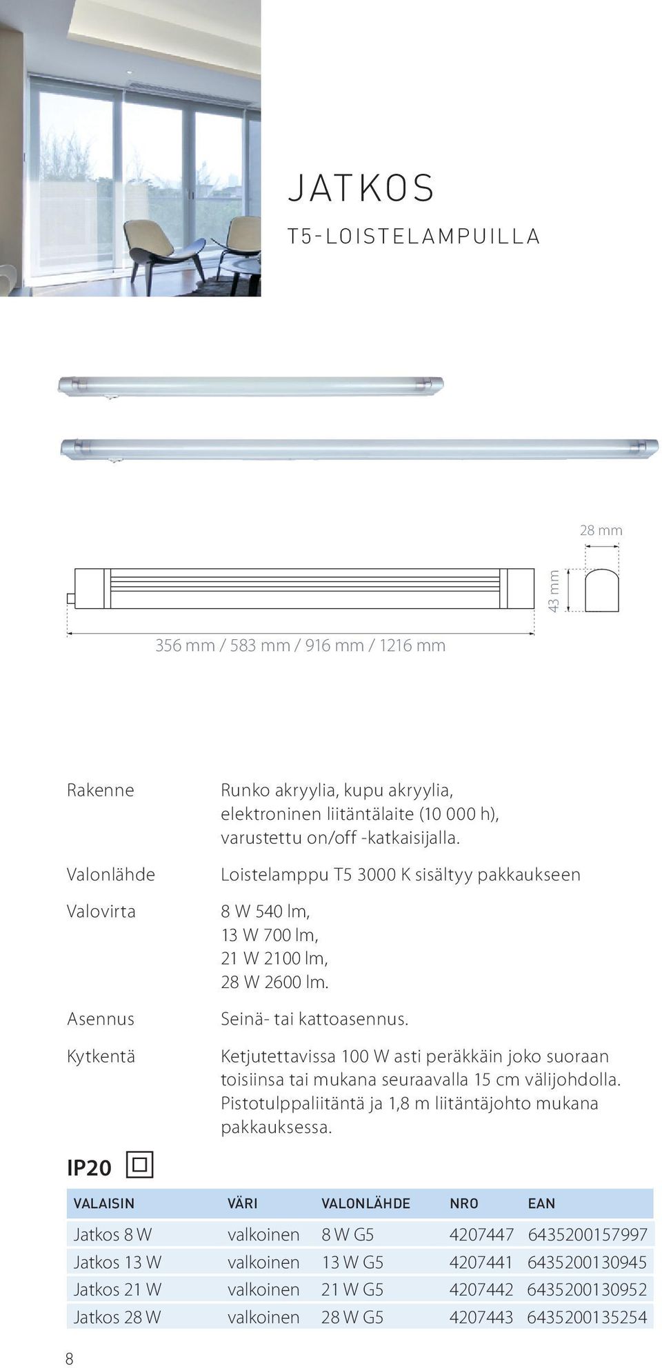 Ketjutettavissa 100 W asti peräkkäin joko suoraan toisiinsa tai mukana seuraavalla 15 cm välijohdolla. Pistotulppaliitäntä ja 1,8 m liitäntäjohto mukana pakkauksessa.