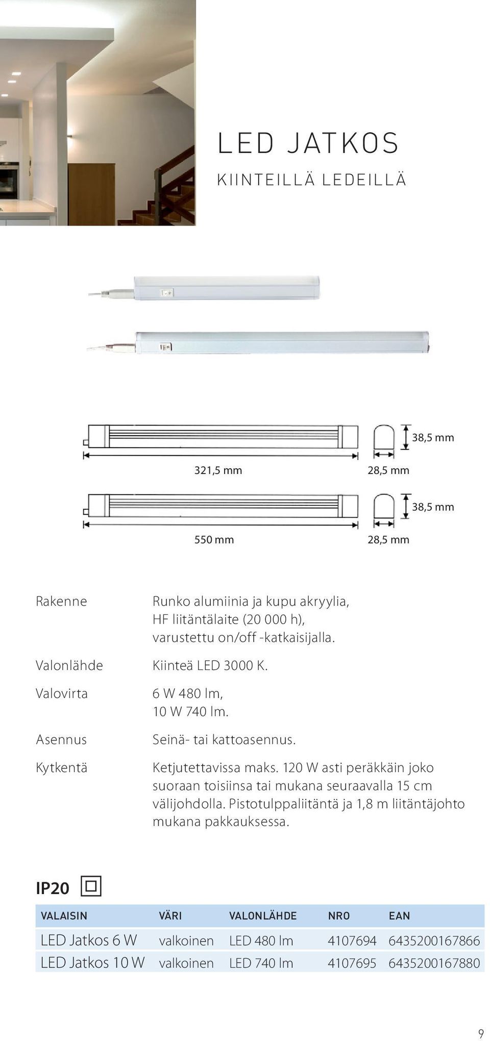 Ketjutettavissa maks. 120 W asti peräkkäin joko suoraan toisiinsa tai mukana seuraavalla 15 cm välijohdolla.