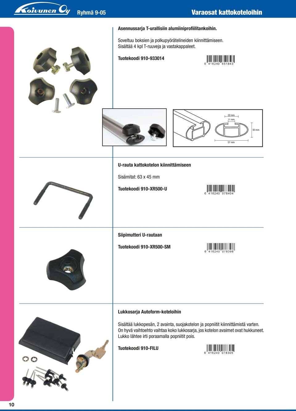 Tuotekoodi 910-933014 22 mm 11 mm 30 mm 57 mm U-rauta kattokotelon kiinnittämiseen Sisämitat: 63 x 45 mm Tuotekoodi 910-XR500-U Siipimutteri U-rautaan