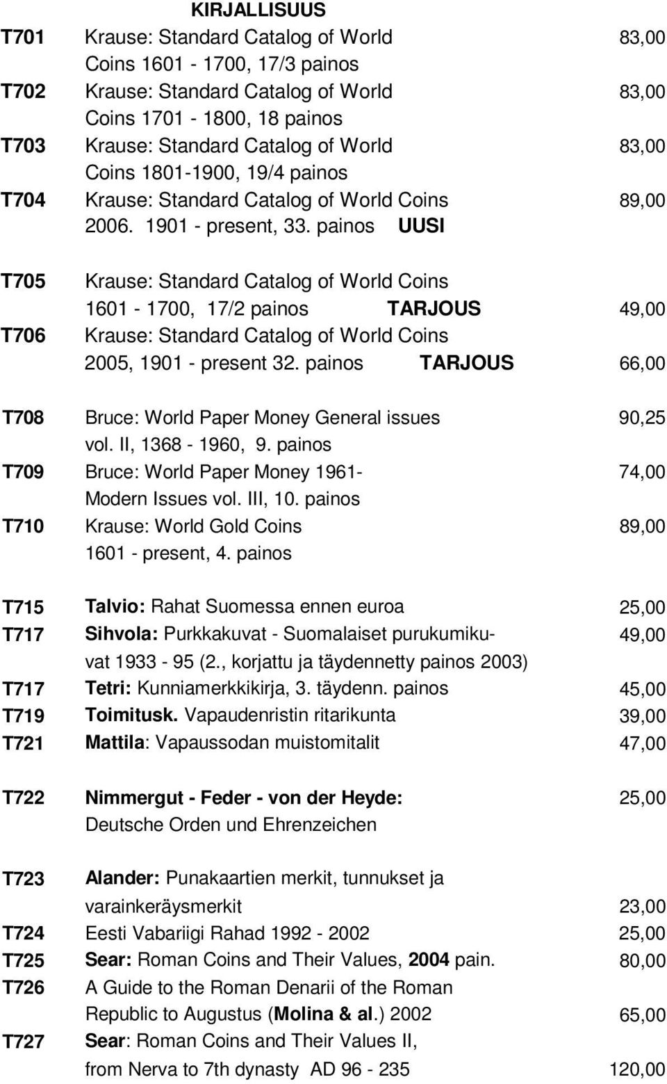 painos UUSI T705 T706 Krause: Standard Catalog of World Coins 1601-1700, 17/2 painos TARJOUS 49,00 Krause: Standard Catalog of World Coins 2005, 1901 - present 32.