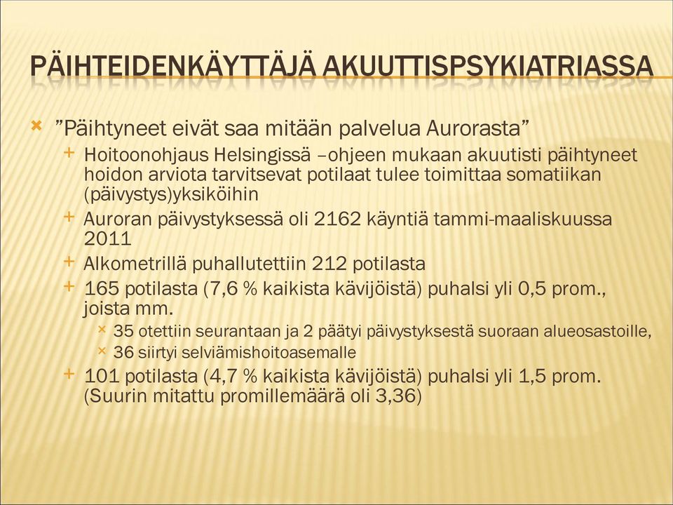 potilasta 165 potilasta (7,6 % kaikista kävijöistä) puhalsi yli 0,5 prom., joista mm.