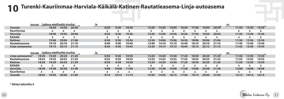 z z z z z Katinen 19:06 20:06 21:06 8:36 9:36 10:36 12:36 14:06 15:06 16:36 18:06 20:06 21:06 11:36 13:36 15:36 Rautatieasema 19:10 20:10 21:10 8:40 9:40 10:40 12:40 14:10 15:10 16:40 18:10 20:10