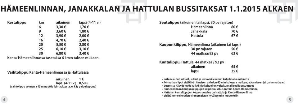 Vaihtolippu Kanta-Hämeenlinnassa ja Hattulassa aikuinen 1 lapsi (4-11 v.