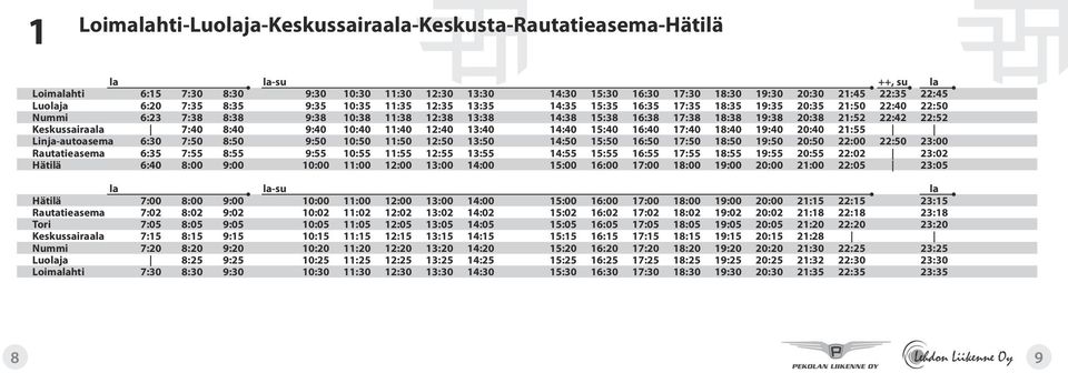 20:38 21:52 22:42 22:52 Keskussairaala 7:40 8:40 9:40 10:40 11:40 12:40 13:40 14:40 15:40 16:40 17:40 18:40 19:40 20:40 21:55 Linja-autoasema 6:30 7:50 8:50 9:50 10:50 11:50 12:50 13:50 14:50 15:50