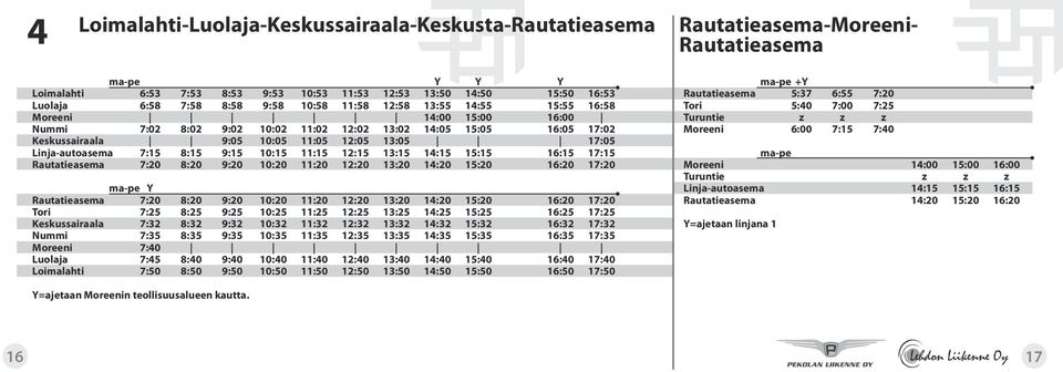 Linja-autoasema 7:15 8:15 9:15 10:15 11:15 12:15 13:15 14:15 15:15 16:15 17:15 Rautatieasema 7:20 8:20 9:20 10:20 11:20 12:20 13:20 14:20 15:20 16:20 17:20 ma-pe Y Rautatieasema 7:20 8:20 9:20 10:20