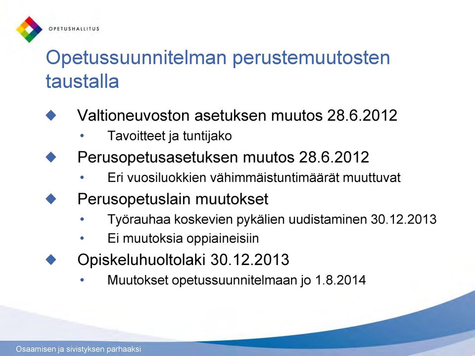 2012 Eri vuosiluokkien vähimmäistuntimäärät muuttuvat Perusopetuslain muutokset Työrauhaa