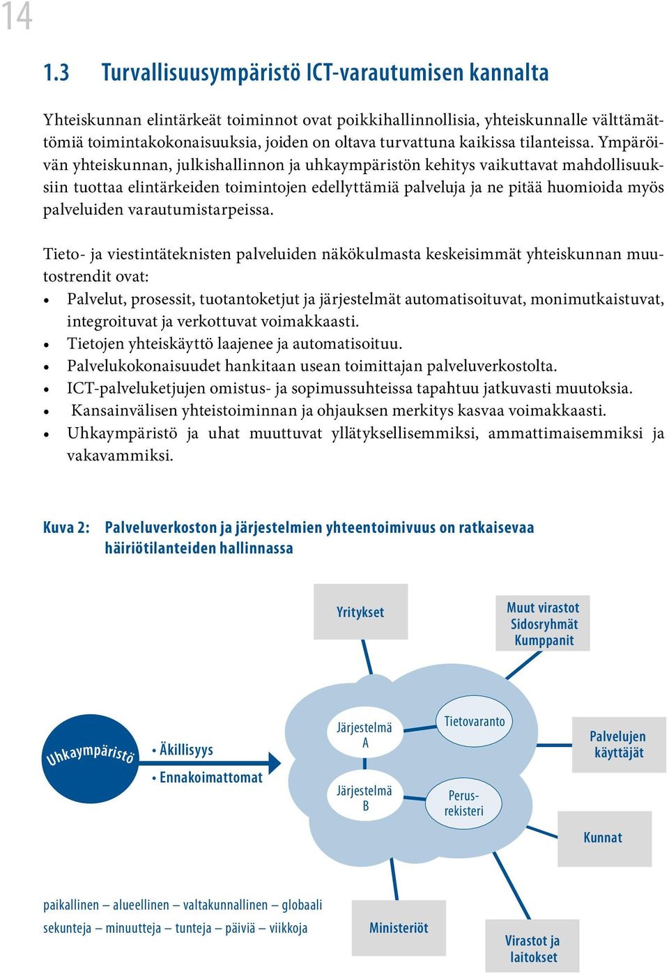 Ympäröivän yhteiskunnan, julkishallinnon ja uhkaympäristön kehitys vaikuttavat mahdollisuuksiin tuottaa elintärkeiden toimintojen edellyttämiä palveluja ja ne pitää huomioida myös palveluiden