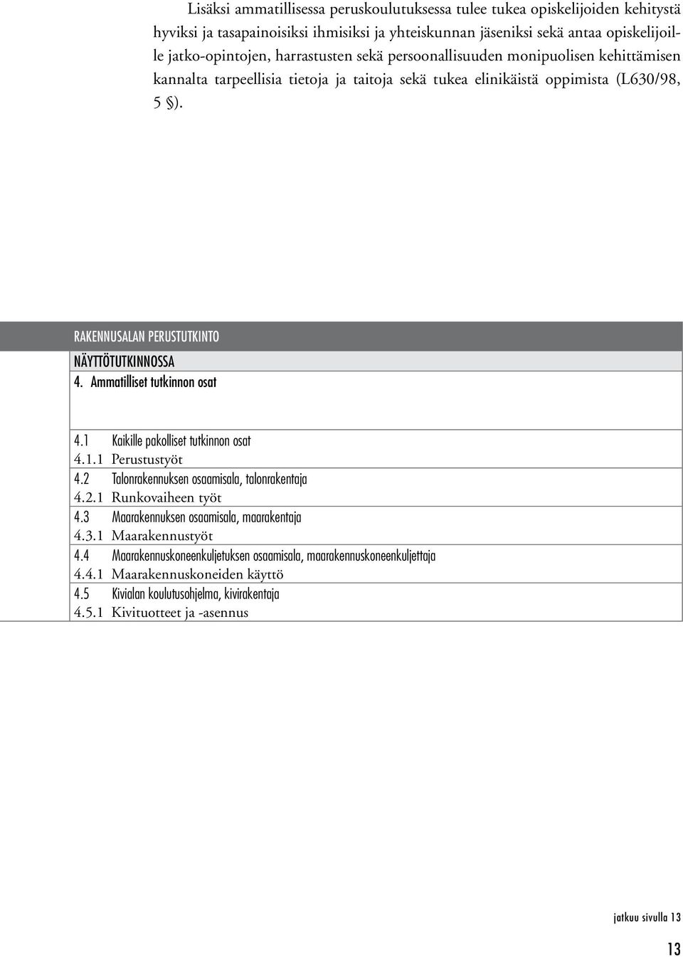 Ammatilliset tutkinnon osat 4.1 Kaikille pakolliset tutkinnon osat 4.1.1 Perustustyöt 4.2 Talonrakennuksen osaamisala, talonrakentaja 4.2.1 Runkovaiheen työt 4.