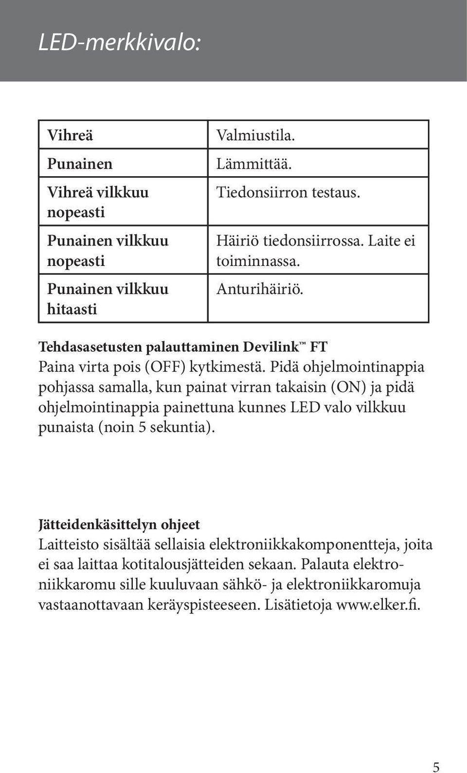Pidä ohjelmointinappia pohjassa samalla, kun painat virran takaisin (ON) ja pidä ohjelmointinappia painettuna kunnes LED valo vilkkuu punaista (noin 5 sekuntia).