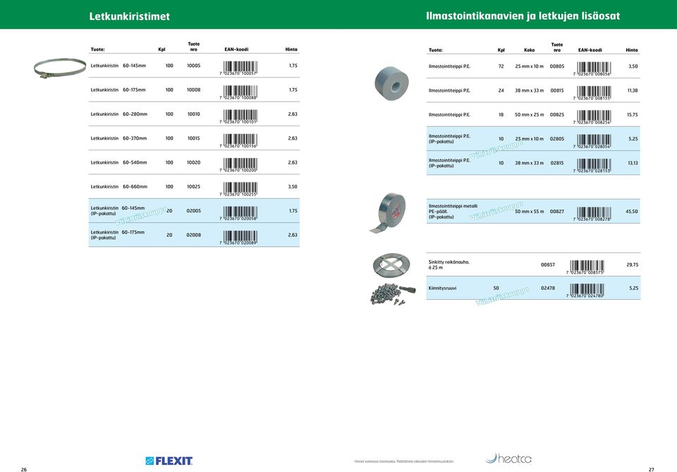 E. 18 50 mm x 25 m 00825 *!0C3G7A-aaicfe! 15,75 Letkunkiristin 60-370mm 100 10015 *!0C3G7A-baabfg! 2,63 Letkunkiristin 60-540mm 100 10020 *!0C3G7A-baacaa! 2,63 Ilmastointiteippi P.E. Ilmastointiteippi P.E. Vähittäiskauppa 10 25 mm x 10 m 02805 *!