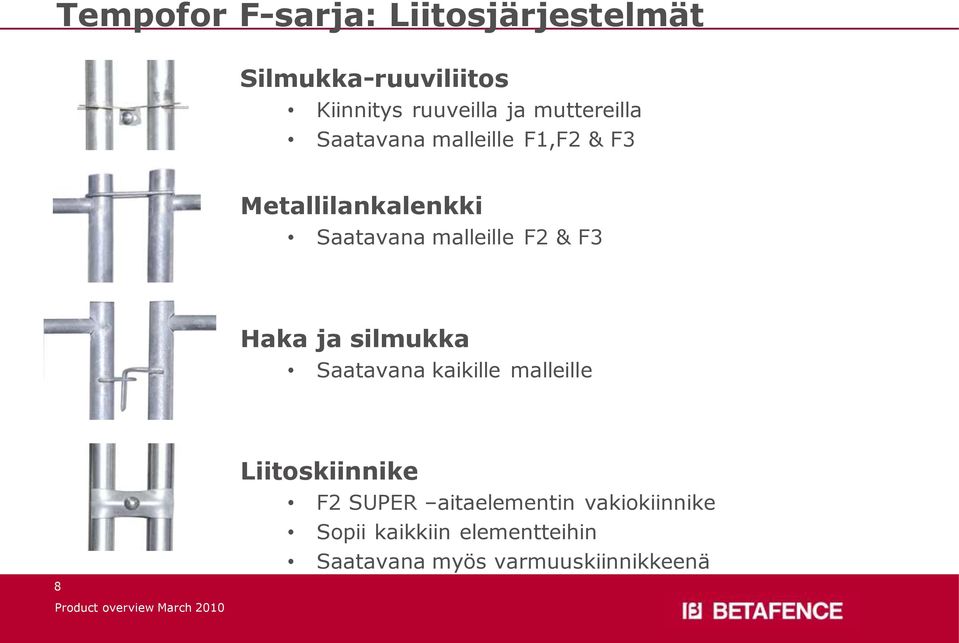 F2 & F3 Haka ja silmukka Saatavana kaikille malleille 8 Liitoskiinnike F2 SUPER