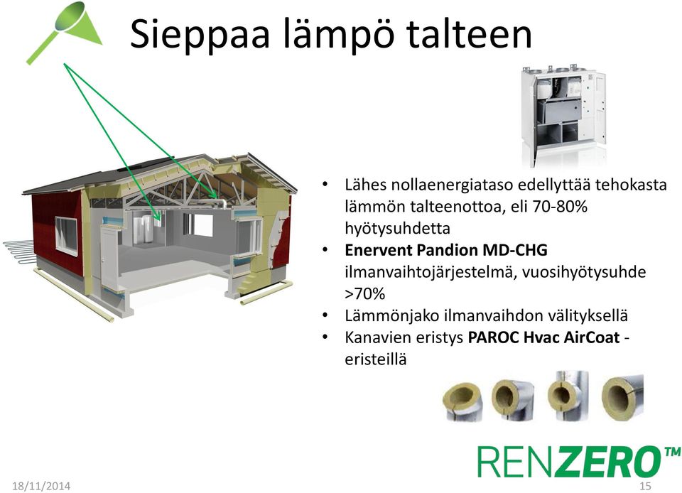 ilmanvaihtojärjestelmä, vuosihyötysuhde >70% Lämmönjako ilmanvaihdon