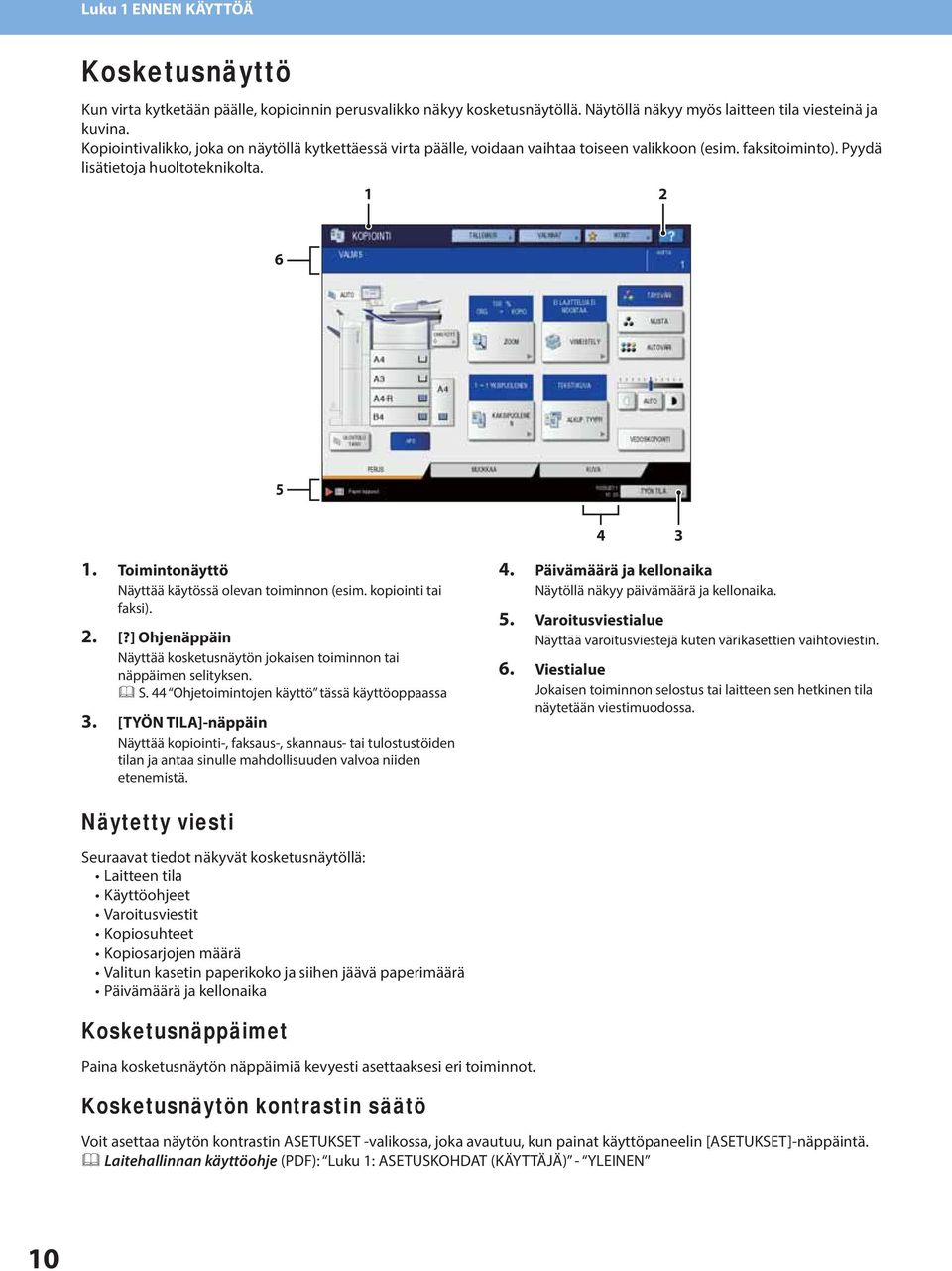 Toimintonäyttö Näyttää käytössä olevan toiminnon (esim. kopiointi tai faksi).. [?] Ohjenäppäin Näyttää kosketusnäytön jokaisen toiminnon tai näppäimen selityksen. S.