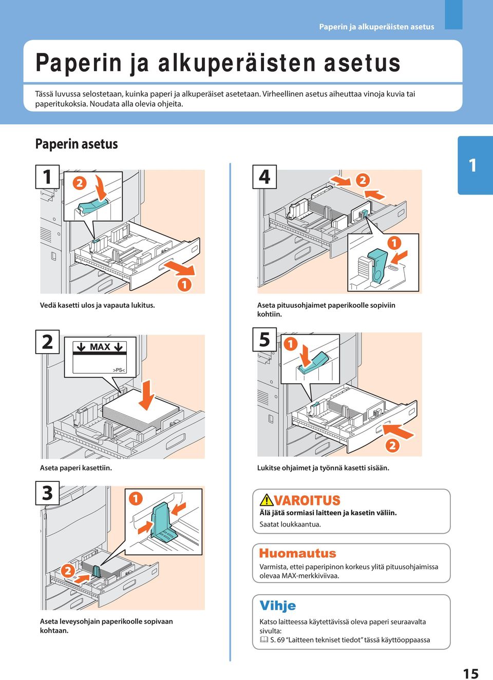 Aseta pituusohjaimet paperikoolle sopiviin kohtiin. 5 Aseta paperi kasettiin. Lukitse ohjaimet ja työnnä kasetti sisään. Älä jätä sormiasi laitteen ja kasetin väliin.