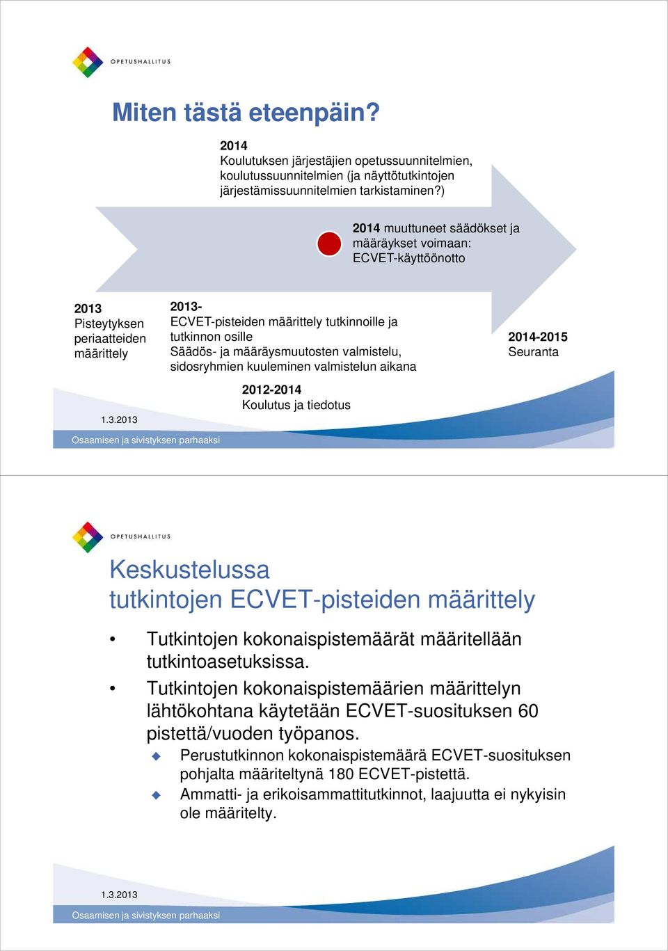 valmistelu, sidosryhmien kuuleminen valmistelun aikana 2012-2014 Koulutus ja tiedotus 2014-2015 Seuranta Keskustelussa tutkintojen -pisteiden määrittely Tutkintojen kokonaispistemäärät määritellään