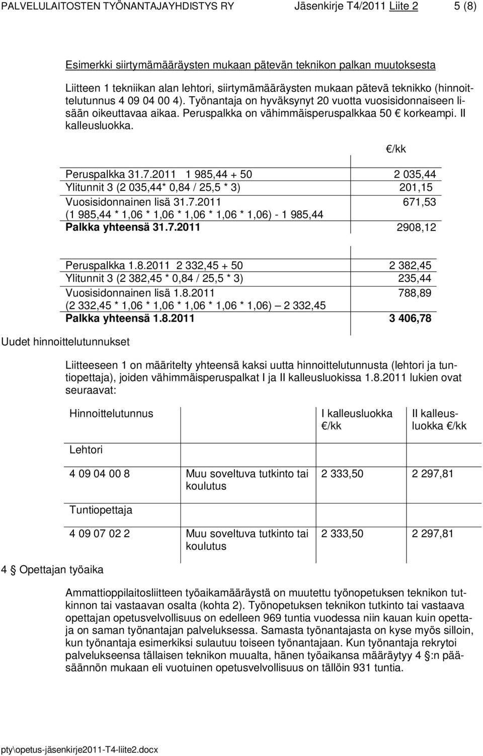 II kalleusluokka. Peruspalkka 31.7.2011 1 985,44 + 50 2 035,44 Ylitunnit 3 (2 035,44* 0,84 / 25,5 * 3) 201,15 Vuosisidonnainen lisä 31.7.2011 671,53 (1 985,44 * 1,06 * 1,06 * 1,06 * 1,06 * 1,06) - 1 985,44 Palkka yhteensä 31.