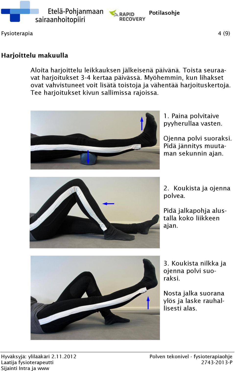 Myöhemmin, kun lihakset ovat vahvistuneet voit lisätä toistoja ja vähentää harjoituskertoja. Tee harjoitukset kivun sallimissa rajoissa. 1.