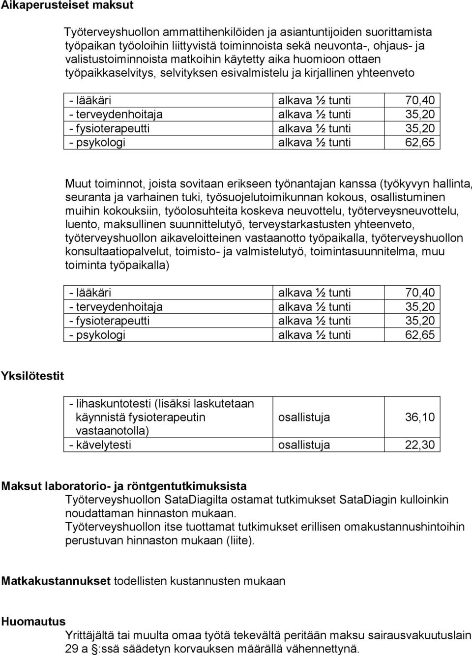 tunti 35,20 - psykologi alkava ½ tunti 62,65 Muut toiminnot, joista sovitaan erikseen työnantajan kanssa (työkyvyn hallinta, seuranta ja varhainen tuki, työsuojelutoimikunnan kokous, osallistuminen