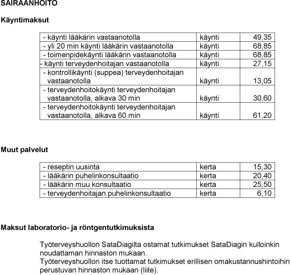 - terveydenhoitokäynti terveydenhoitajan vastaanotolla, alkava 60 min käynti 61,20 Muut palvelut - reseptin uusinta kerta 15,30 - lääkärin puhelinkonsultaatio kerta 20,40 - lääkärin muu konsultaatio