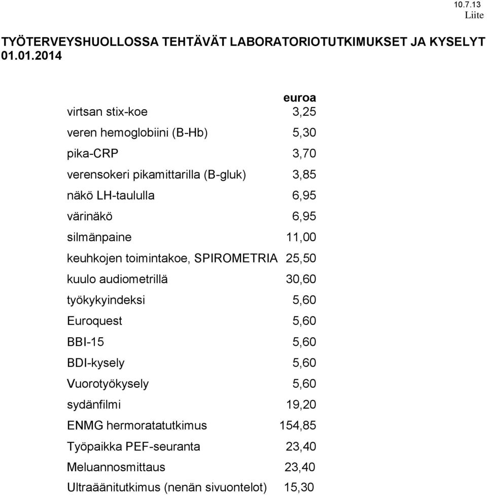 LH-taululla 6,95 värinäkö 6,95 silmänpaine 11,00 keuhkojen toimintakoe, SPIROMETRIA 25,50 kuulo audiometrillä 30,60 työkykyindeksi 5,60