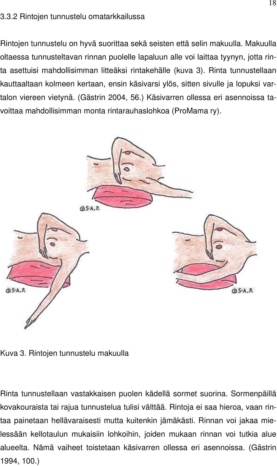 Rinta tunnustellaan kauttaaltaan kolmeen kertaan, ensin käsivarsi ylös, sitten sivulle ja lopuksi vartalon viereen vietynä. (Gästrin 2004, 56.