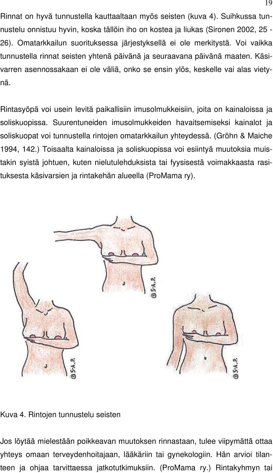 Käsivarren asennossakaan ei ole väliä, onko se ensin ylös, keskelle vai alas vietynä. Rintasyöpä voi usein levitä paikallisiin imusolmukkeisiin, joita on kainaloissa ja soliskuopissa.
