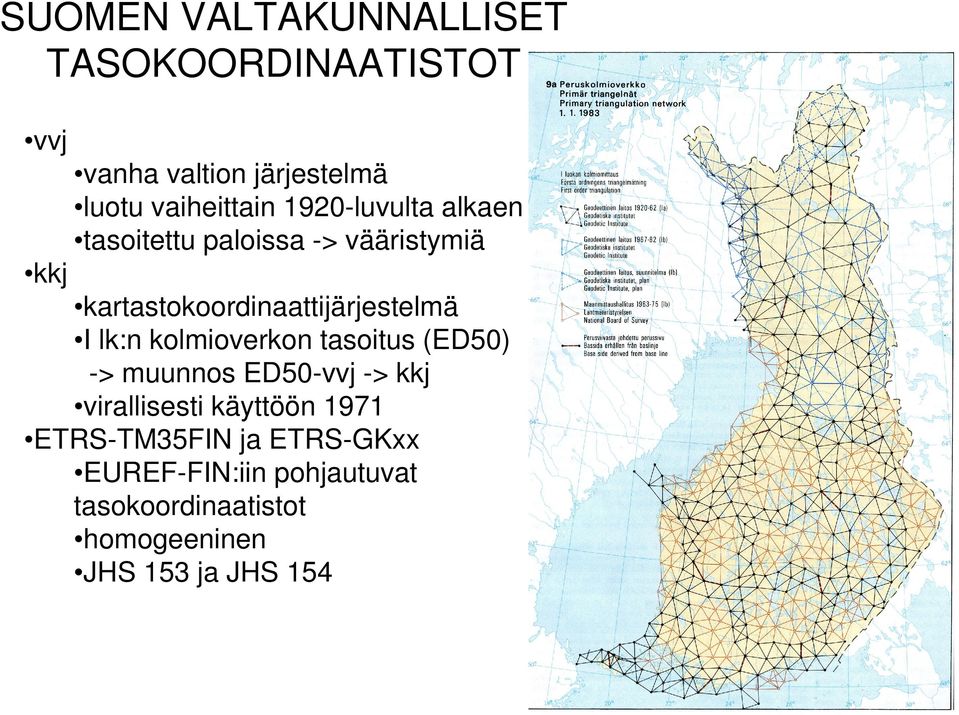 lk:n kolmioverkon tasoitus (ED50) -> muunnos ED50-vvj -> kkj virallisesti käyttöön 1971