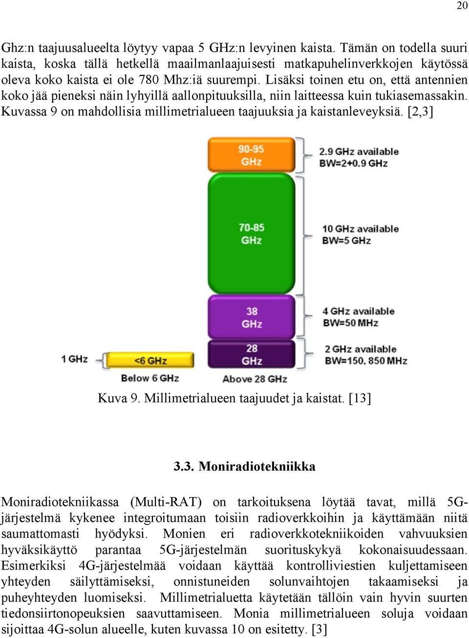 Lisäksi toinen etu on, että antennien koko jää pieneksi näin lyhyillä aallonpituuksilla, niin laitteessa kuin tukiasemassakin. Kuvassa 9 on mahdollisia millimetrialueen taajuuksia ja kaistanleveyksiä.