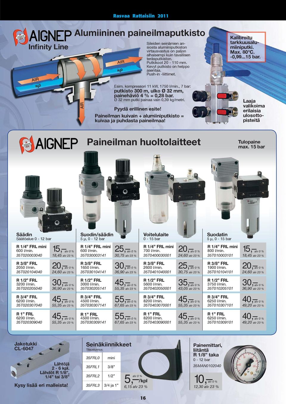 , 7 bar: putkisto 300 m, ulko Ø 32 mm, painehäviö 4 % = 0,28 bar. Ø 32 mm putki painaa vain 0,39 kg/metri. Pyydä erillinen esite! Paineilman kuivain + alumiiniputkisto = kuivaa ja puhdasta paineilmaa!