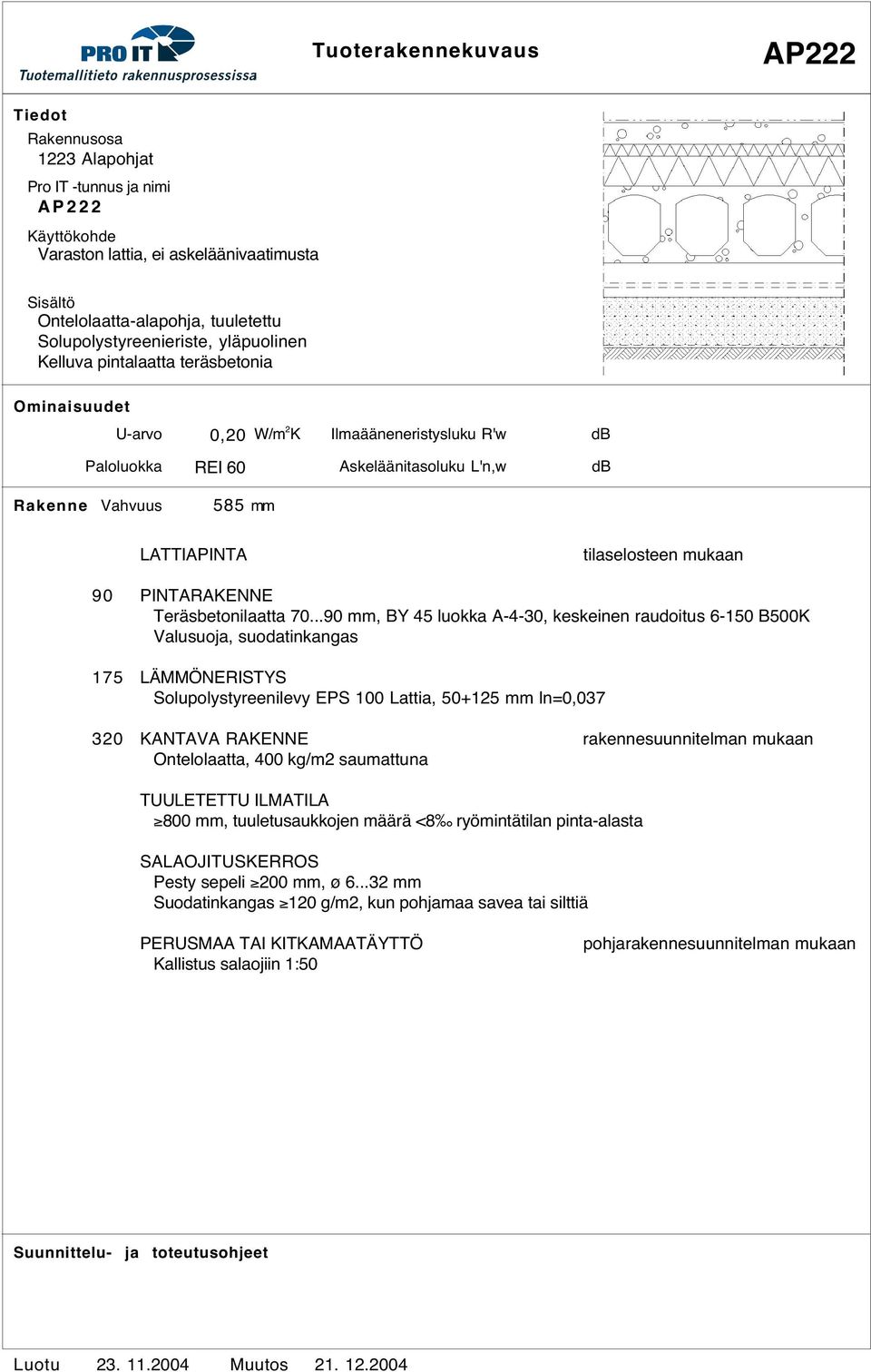 ..90, BY 45 luokka A-4-30, keskeinen raudoitus 6-150 B500K Valusuoja, suodatinkangas 175 LÄMMÖNERISTYS Solupolystyreenilevy EPS 100 Lattia, 50+125 ln=0,037 320 KANTAVA RAKENNE