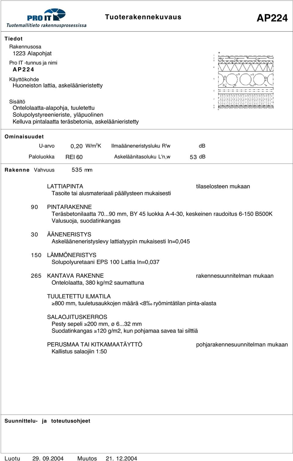 ..90, BY 45 luokka A-4-30, keskeinen raudoitus 6-150 B500K Valusuoja, suodatinkangas 30 ÄÄNENERISTYS Askelääneneristyslevy lattiatyypin mukaisesti ln=0,045 150 LÄMMÖNERISTYS Solupolyuretaani EPS 100