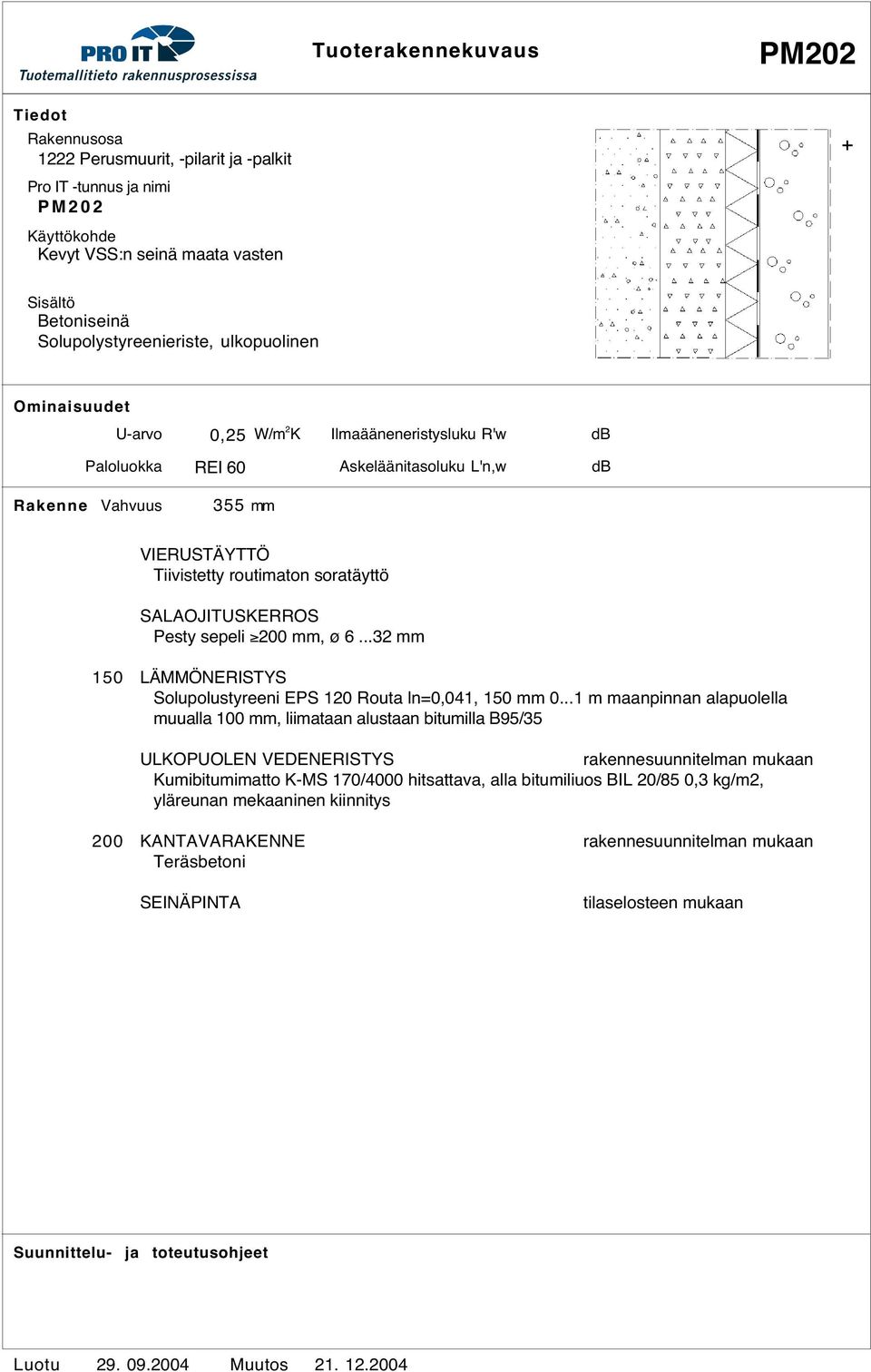 ..1 m maanpinnan alapuolella muualla 100, liimataan alustaan bitumilla B95/35 ULKOPUOLEN VEDENERISTYS rakennesuunnitelman mukaan Kumibitumimatto K-MS