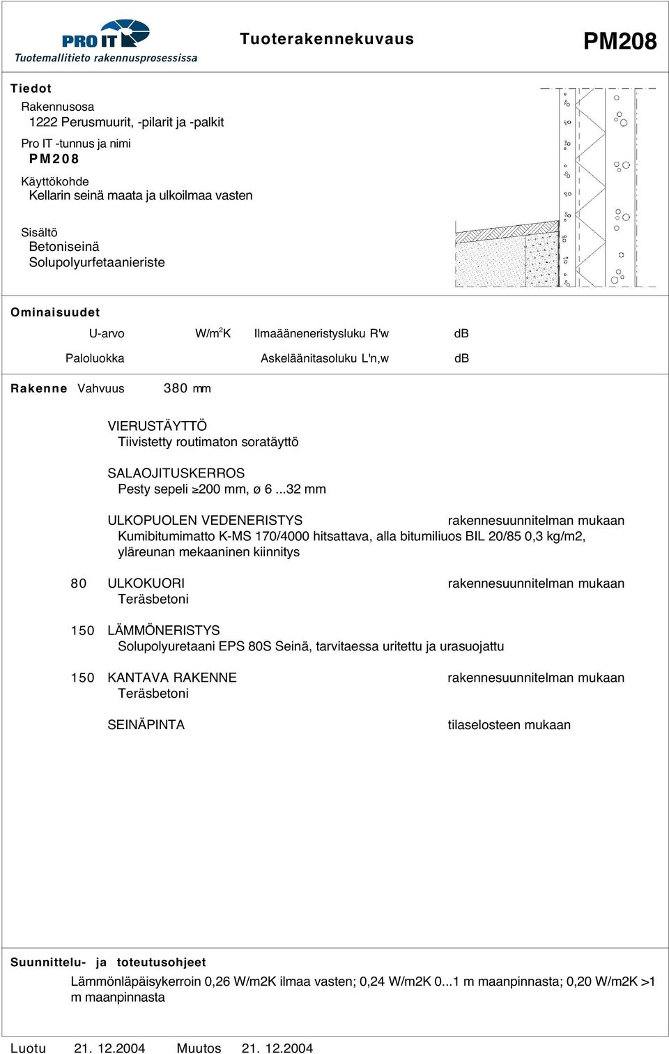 ..32 ULKOPUOLEN VEDENERISTYS rakennesuunnitelman mukaan Kumibitumimatto K-MS 170/4000 hitsattava, alla bitumiliuos BIL 20/85 0,3 kg/m2, yläreunan mekaaninen kiinnitys 80 ULKOKUORI