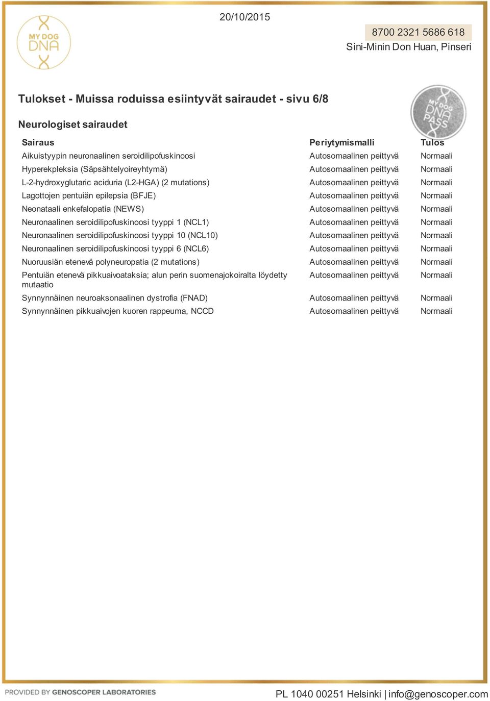 (NCL1) Neuronaalinen seroidilipofuskinoosi tyyppi 10 (NCL10) Neuronaalinen seroidilipofuskinoosi tyyppi 6 (NCL6) Nuoruusiän etenevä polyneuropatia (2 mutations)