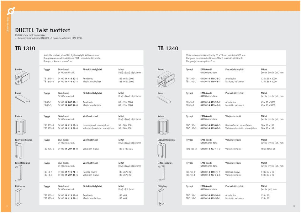 TB 1310 1 64100 14 419 32 5 Anodisoitu 135 x 65 x 3000 TB 1310 3 64100 14 419 42 4 Maalattu valkoinen 135 x 65 x 3000 TB 1340 1 64100 14 419 33 2 Anodisoitu 135 x 65 x 3000 TB 1340 3 64100 14 419 43
