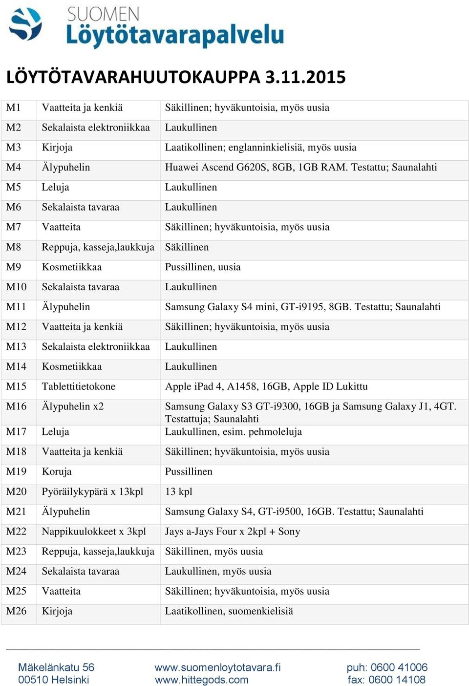 Testattu; Saunalahti M5 Leluja M6 Sekalaista tavaraa M7 Vaatteita Säkillinen; hyväkuntoisia, myös uusia M8 Reppuja, kasseja,laukkuja Säkillinen M9 Kosmetiikkaa Pussillinen, uusia M10 Sekalaista