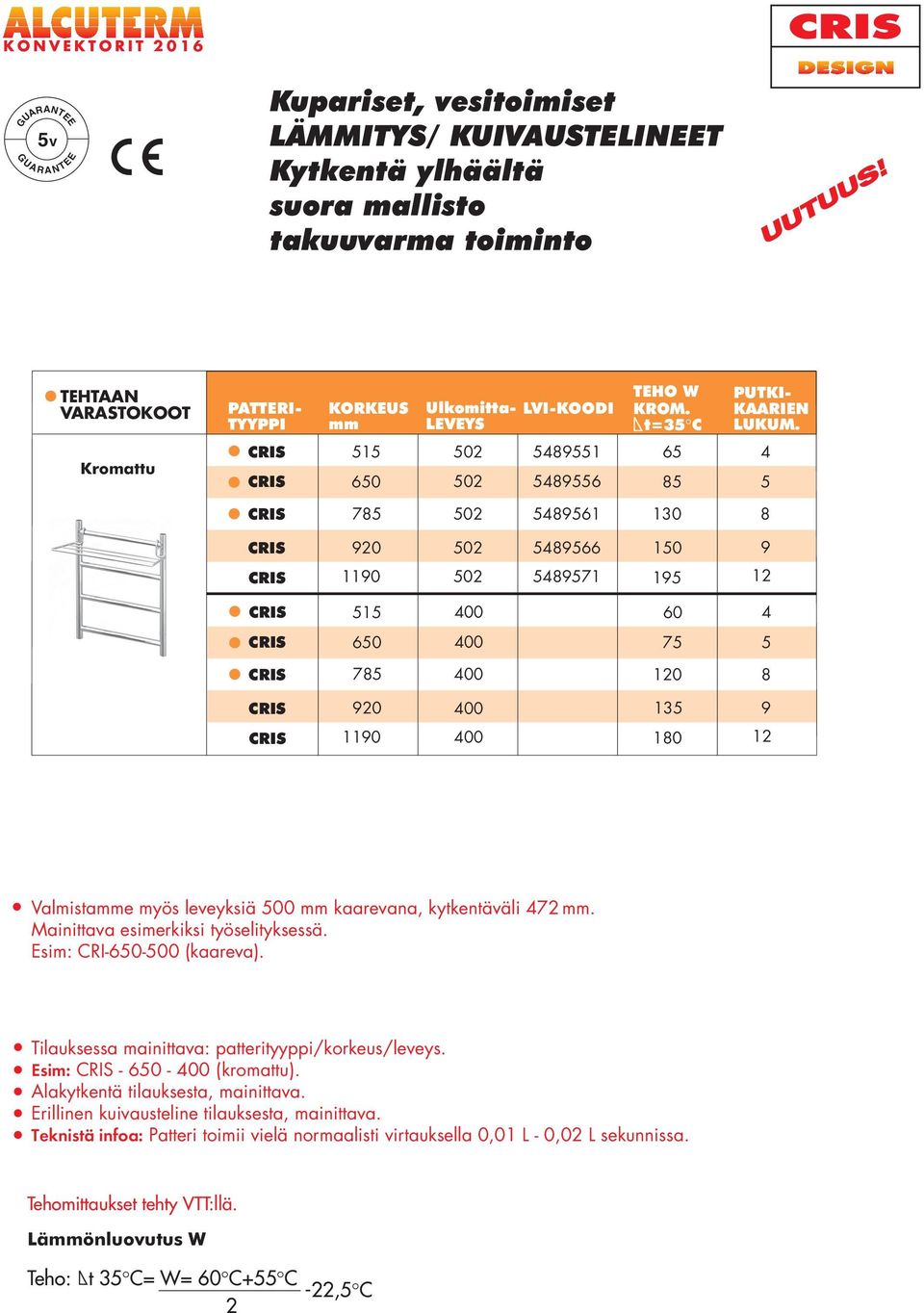 Mainittava esimerkiksi työselityksessä. sim: CRI-60-00 (kaareva). Tilauksessa mainittava: patterityyppi/korkeus/leveys. sim: - 60-00 (kromattu). Alakytkentä tilauksesta, mainittava.