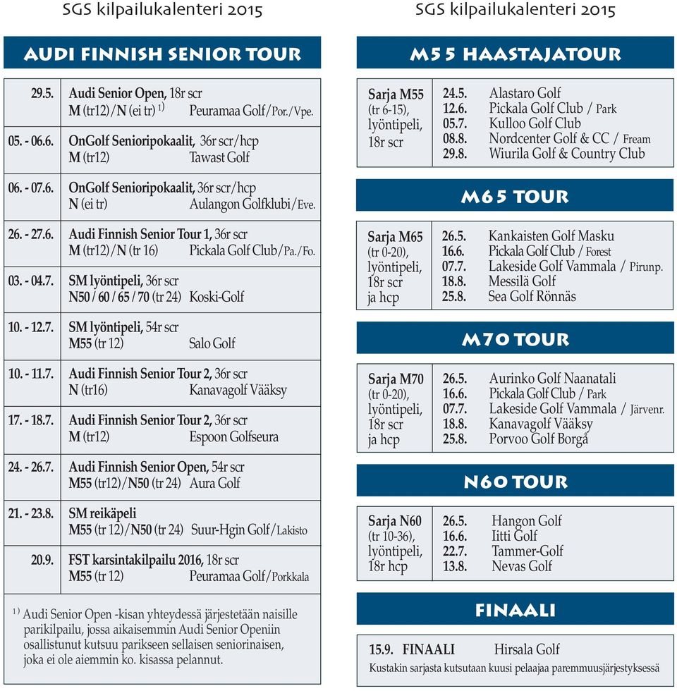 /Fo. 03. - 04.7. SM N50 / 60 / 65 / 70 (tr 24) Koski-Golf Sarja M55 (tr 6-15), 18r scr Sarja M65 (tr 0-20), 18r scr ja hcp 24.5. Alastaro Golf 12.6. Pickala Golf Club / Park 05.7. Kulloo Golf Club 08.