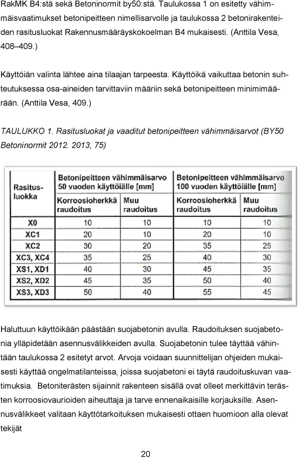 ) Käyttöiän valinta lähtee aina tilaajan tarpeesta. Käyttöikä vaikuttaa betonin suhteutuksessa osa-aineiden tarvittaviin määriin sekä betonipeitteen minimimäärään. (Anttila Vesa, 409.) TAULUKKO 1.