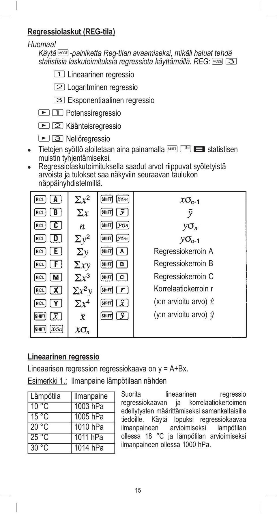 tyhjentämiseksi. Regressiolaskutoimituksella saadut arvot riippuvat syötetyistä arvoista ja tulokset saa näkyviin seuraavan taulukon näppäinyhdistelmillä.