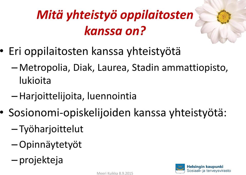 Stadin ammattiopisto, lukioita Harjoittelijoita, luennointia