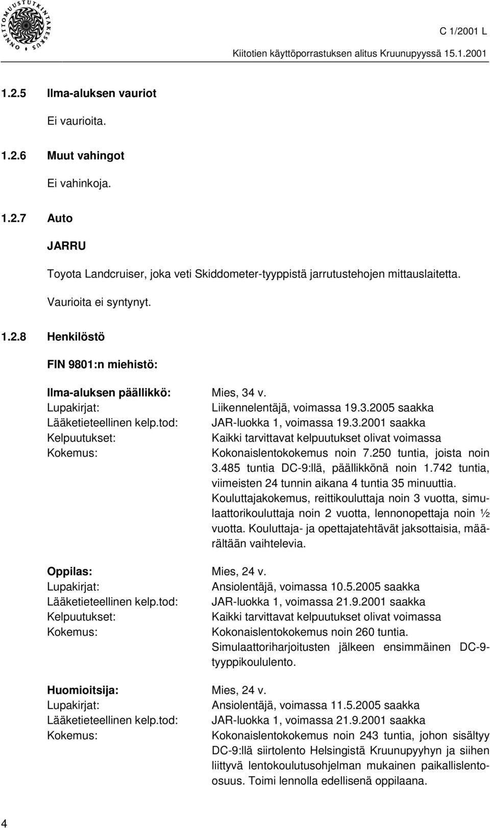 250 tuntia, joista noin 3.485 tuntia DC-9:llä, päällikkönä noin 1.742 tuntia, viimeisten 24 tunnin aikana 4 tuntia 35 minuuttia.