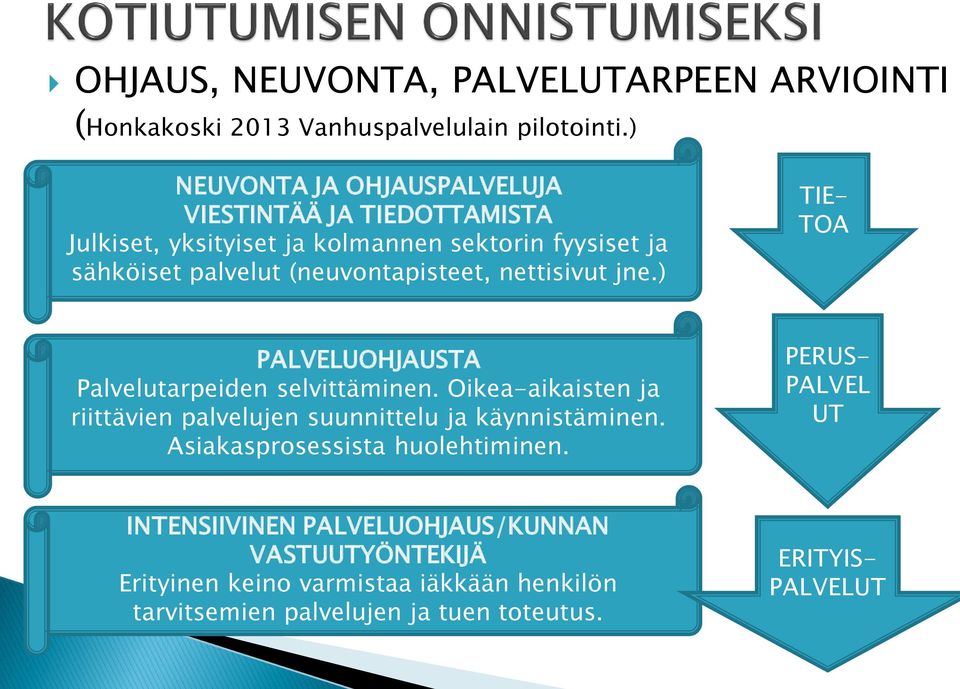 (neuvontapisteet, nettisivut jne.) TIE- TOA PALVELUOHJAUSTA Palvelutarpeiden selvittäminen.