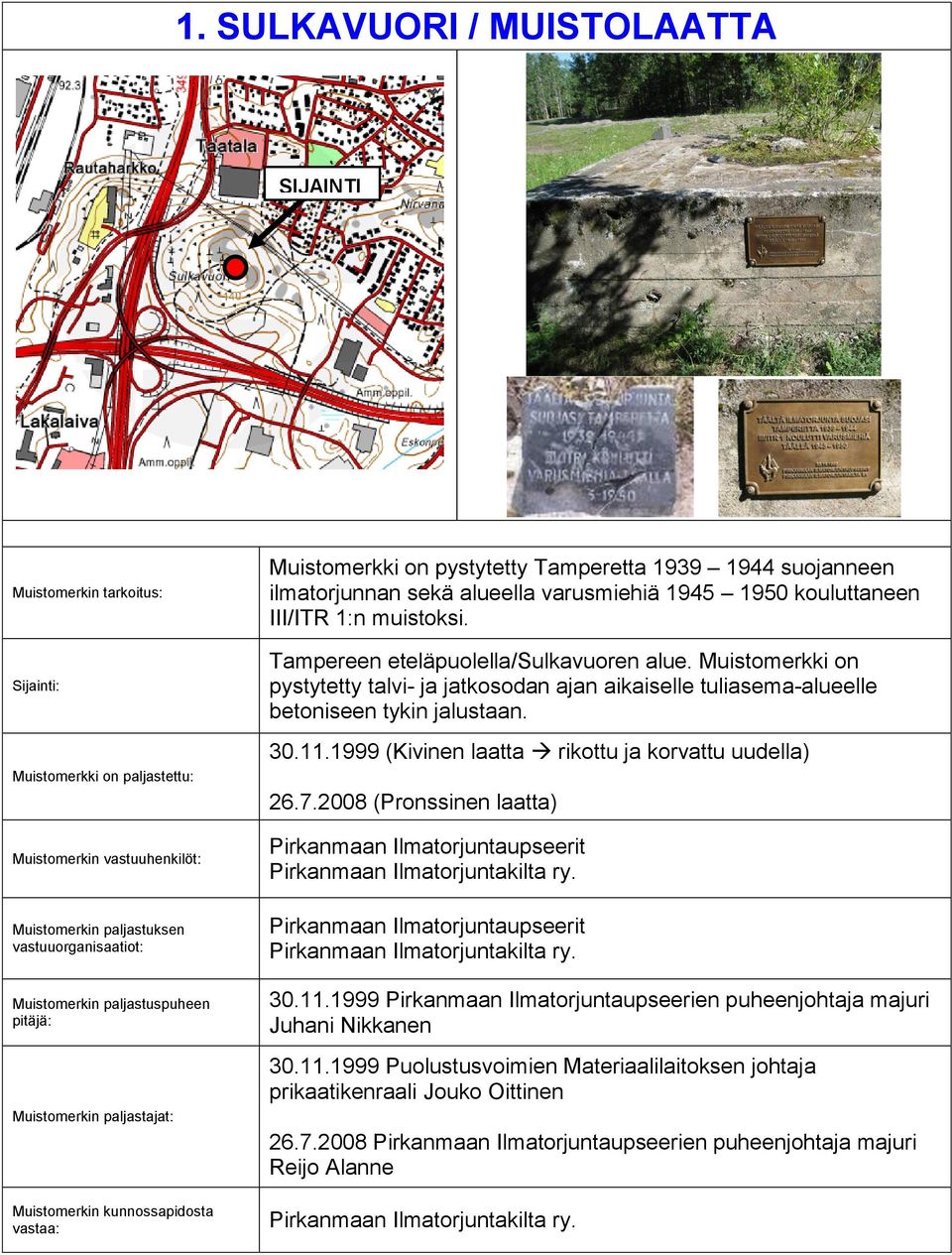 kouluttaneen III/ITR 1:n muistoksi. Tampereen eteläpuolella/sulkavuoren alue. Muistomerkki on pystytetty talvi- ja jatkosodan ajan aikaiselle tuliasema-alueelle betoniseen tykin jalustaan. 30.11.