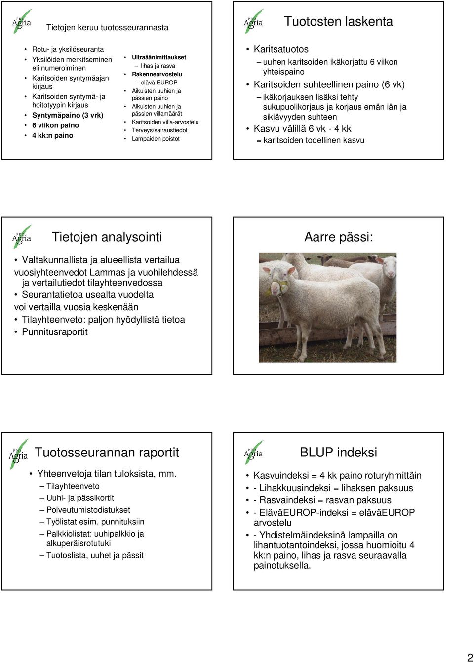 villa-arvostelu Terveys/sairaustiedot Lampaiden poistot Karitsatuotos uuhen karitsoiden ikäkorjattu 6 viikon yhteispaino Karitsoiden suhteellinen paino (6 vk) ikäkorjauksen lisäksi tehty